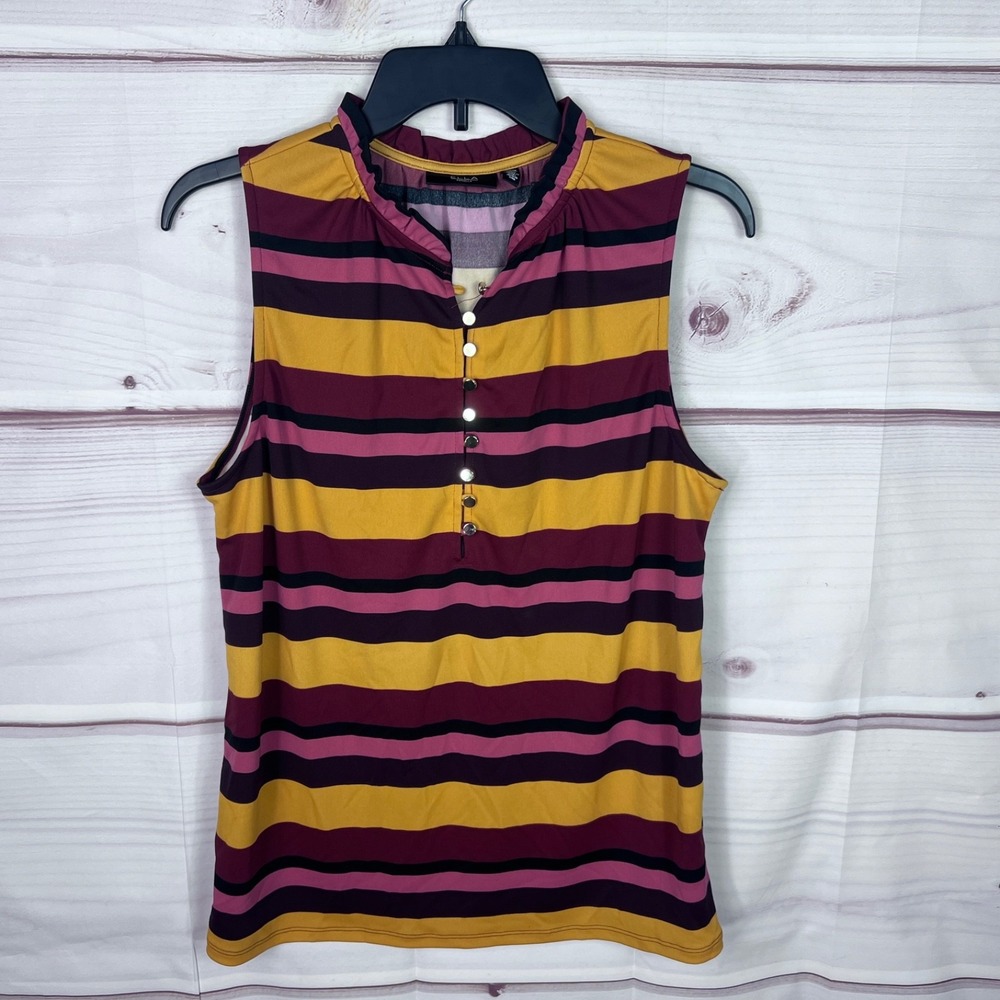Ella Rafaella Top Womens M Red Yellow Stripe Blouse 1/2 Button Sleeveless Knit